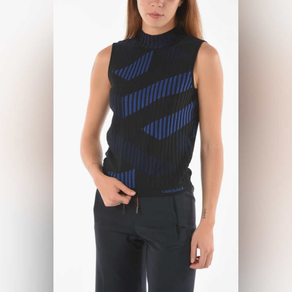 Versace La Grecca Ribbed Blue and Black Sleeveless Mock Neck Top